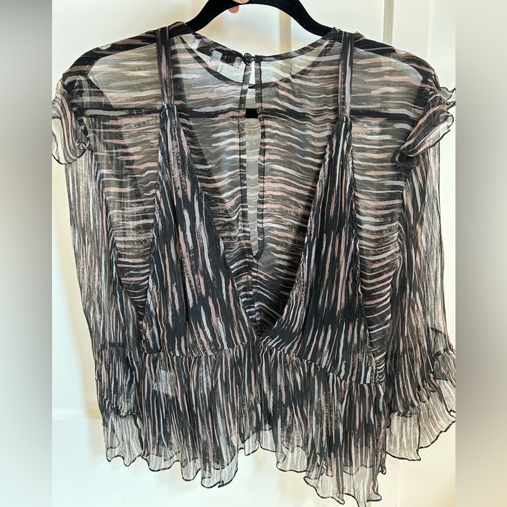 IRO Sheer Striped V-Neck Blouse in Black and Blush